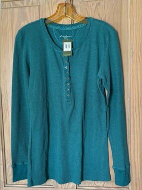 Eddie Bauer Button Front Waffle Weave Henley, NWT, Large, Green